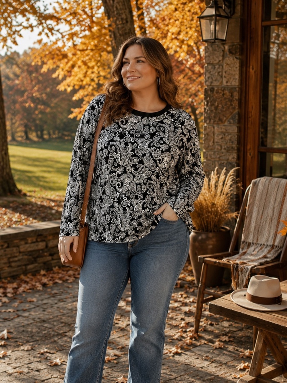 Rafaella 2X Paisley Lace Up Shoulder Long Sleeve Cotton Top Black White